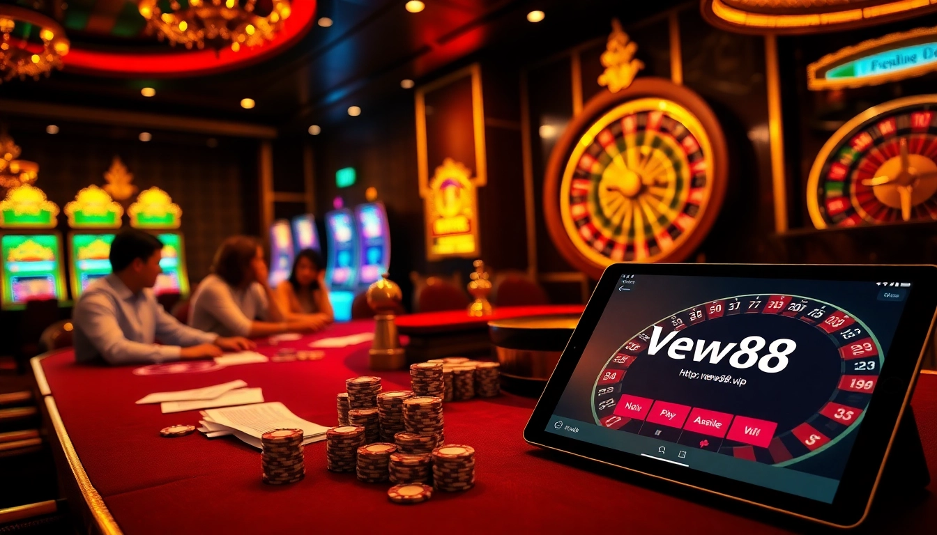 Engaging casino atmosphere with players at a poker table and vibrant elements from https://vnew88.vip/, showcasing luxury and excitement.