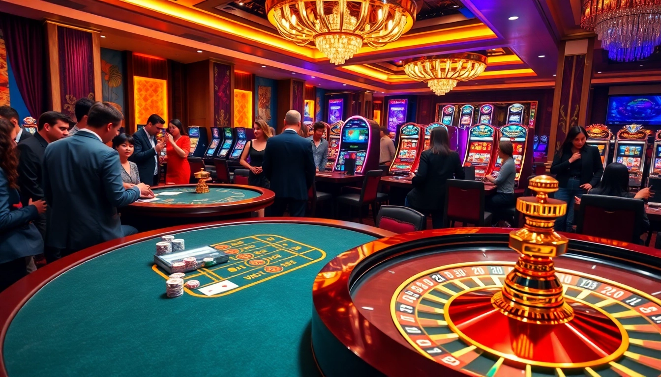 Exciting casino scene with players engaging at table games and slot machines reflecting vn88.