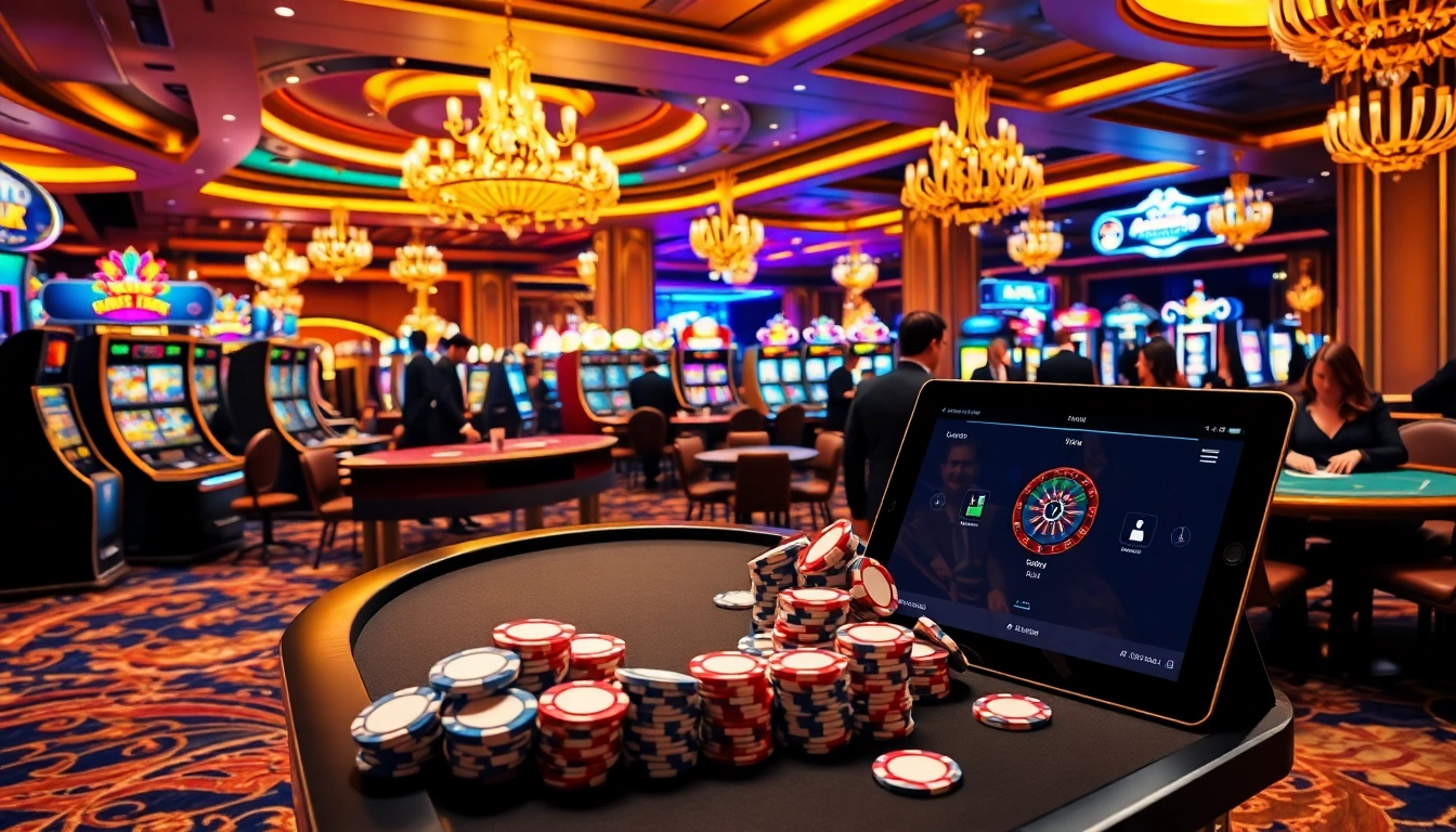 Exciting gambling atmosphere featuring tables at https://king88b.us.com/ with players staking bets on poker and roulette.