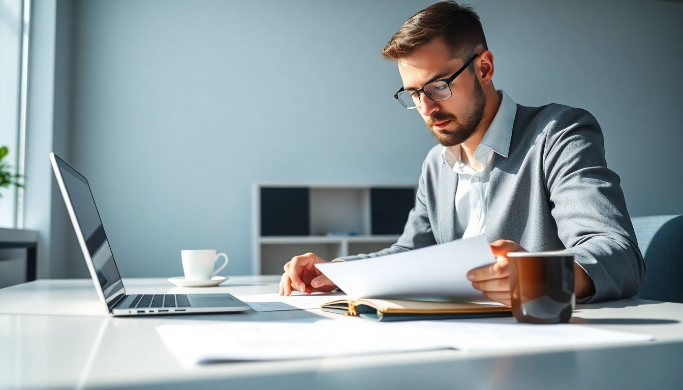 Sworn translator focused on legal document translation in a professional office setting.