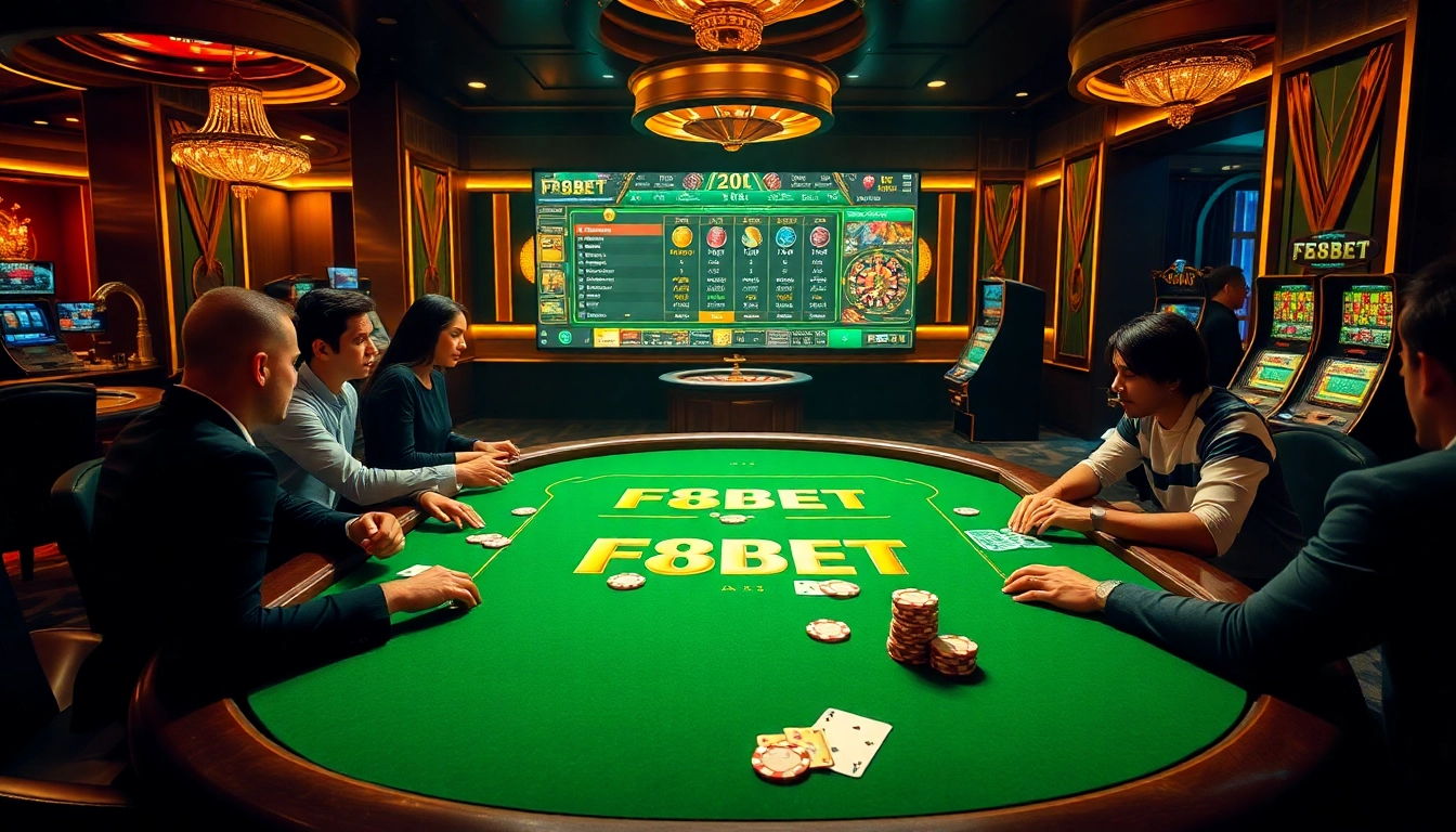 F8BET players enjoying a premium poker game at a luxurious casino.