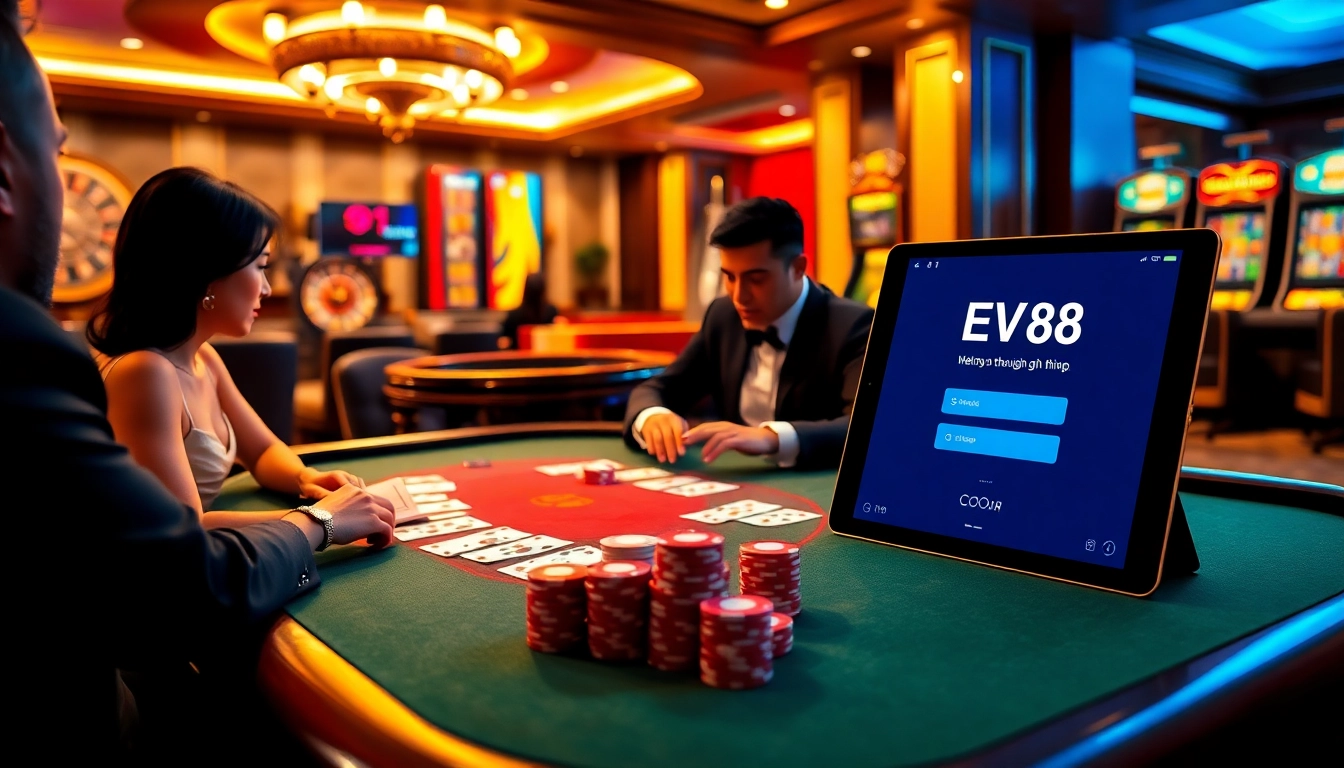 Experience the thrill of EV88 đăng nhập at a luxurious online casino table with poker chips and cards.