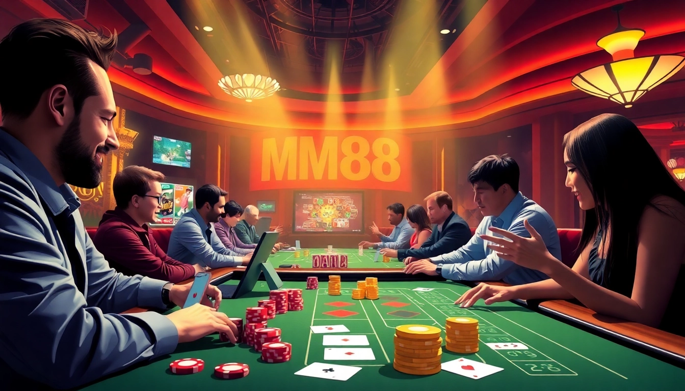 Engaging casino gaming scene featuring players on https://mm88.agency/ showcasing poker and sports betting excitement.