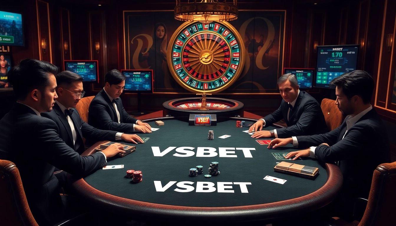 Experience the excitement of VSBET at a luxurious poker game with professional players and exclusive casino elements.