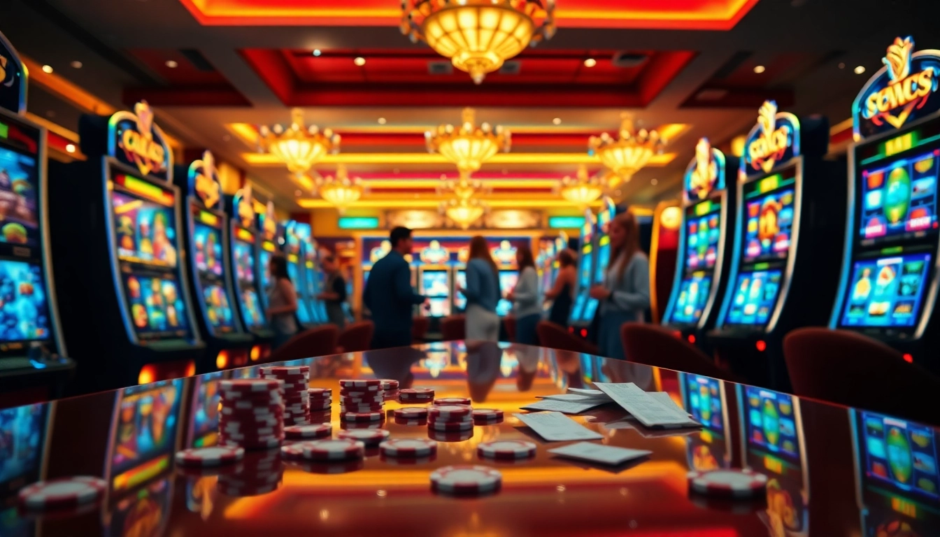 Engaging scene of players interacting with Slot Online machines at a vibrant casino floor.