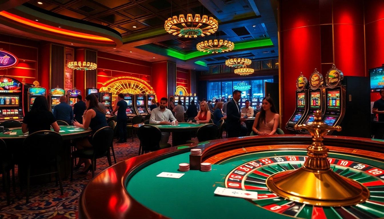 Experience the thrill of winning at win55 with a luxurious casino scene filled with poker tables, roulette wheels, and slot machines.