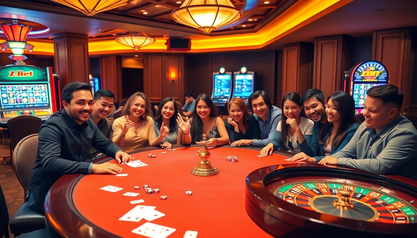 Exciting gambling scene at zbet nhà cái with players at a poker table, showcasing vibrant casino atmosphere.