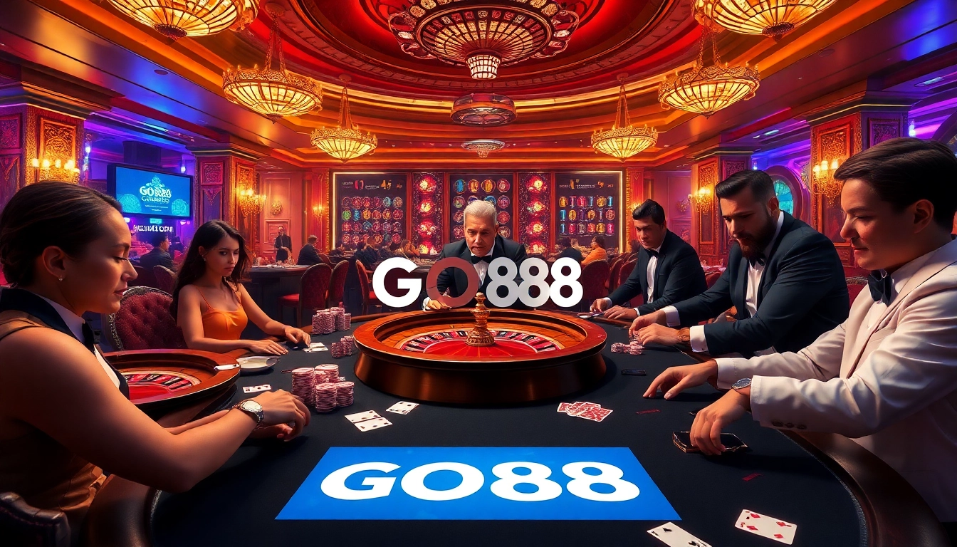 Engaged players at a GO88 poker table in a vibrant casino atmosphere