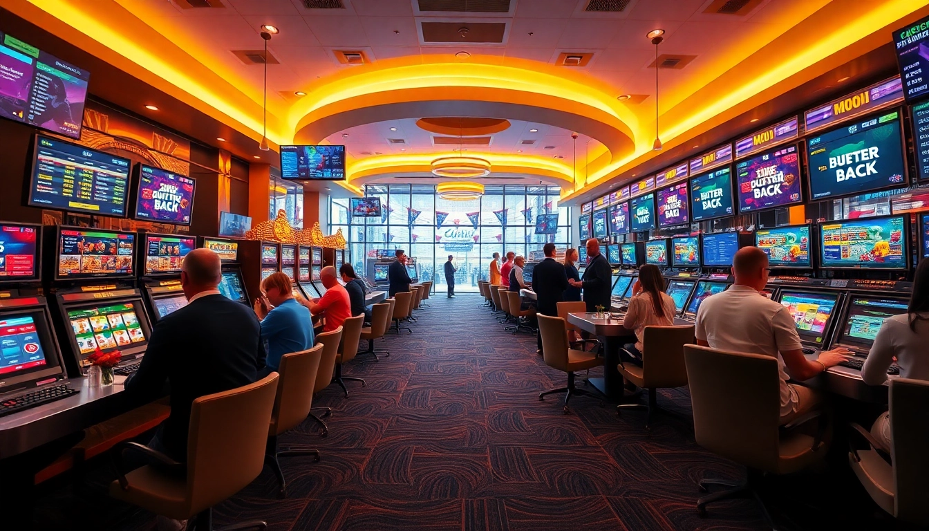 Exciting atmosphere of online gaming at new88go.com with players at tables and digital interfaces.