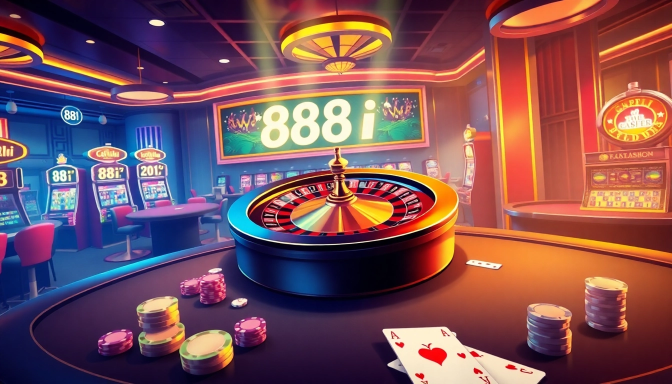 Players enjoying high-stakes gambling at luxury casino tables in a vibrant atmosphere featuring 88i elements.