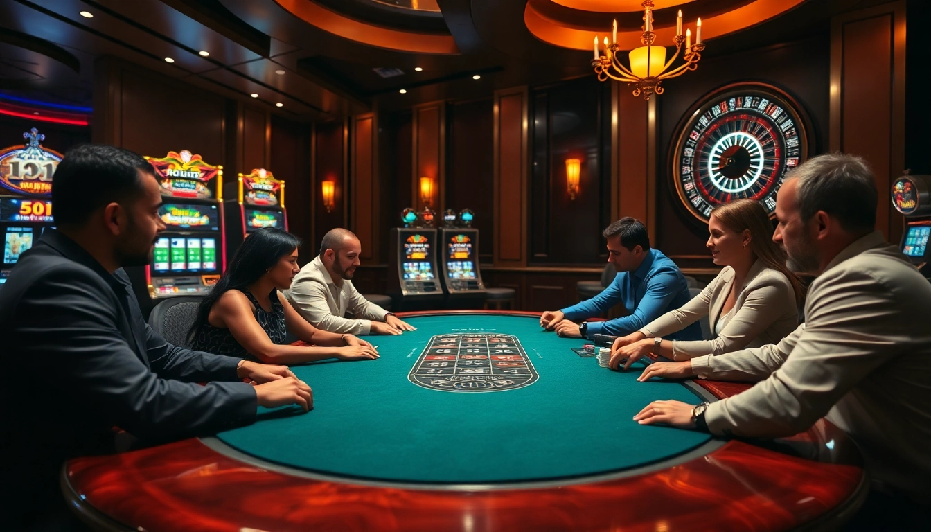 Siu88 players engage in a high-stakes poker game in a luxurious casino atmosphere.