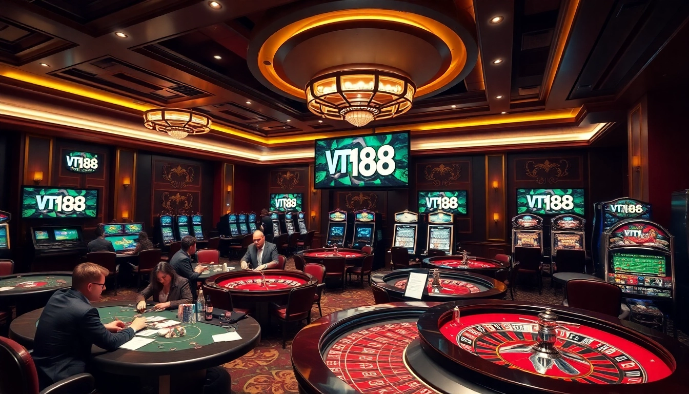 Players enjoy thrilling games at VT 88 casino with vibrant tables, rich decor, and engaging betting experience.
