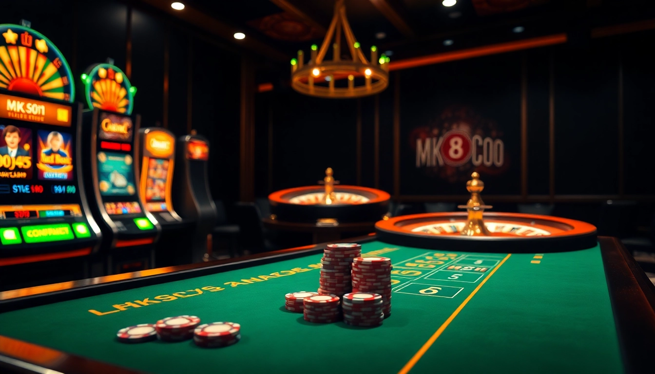 The thrilling action of betting at MK8.COM's vibrant casino, showcasing poker chips and a roulette wheel.