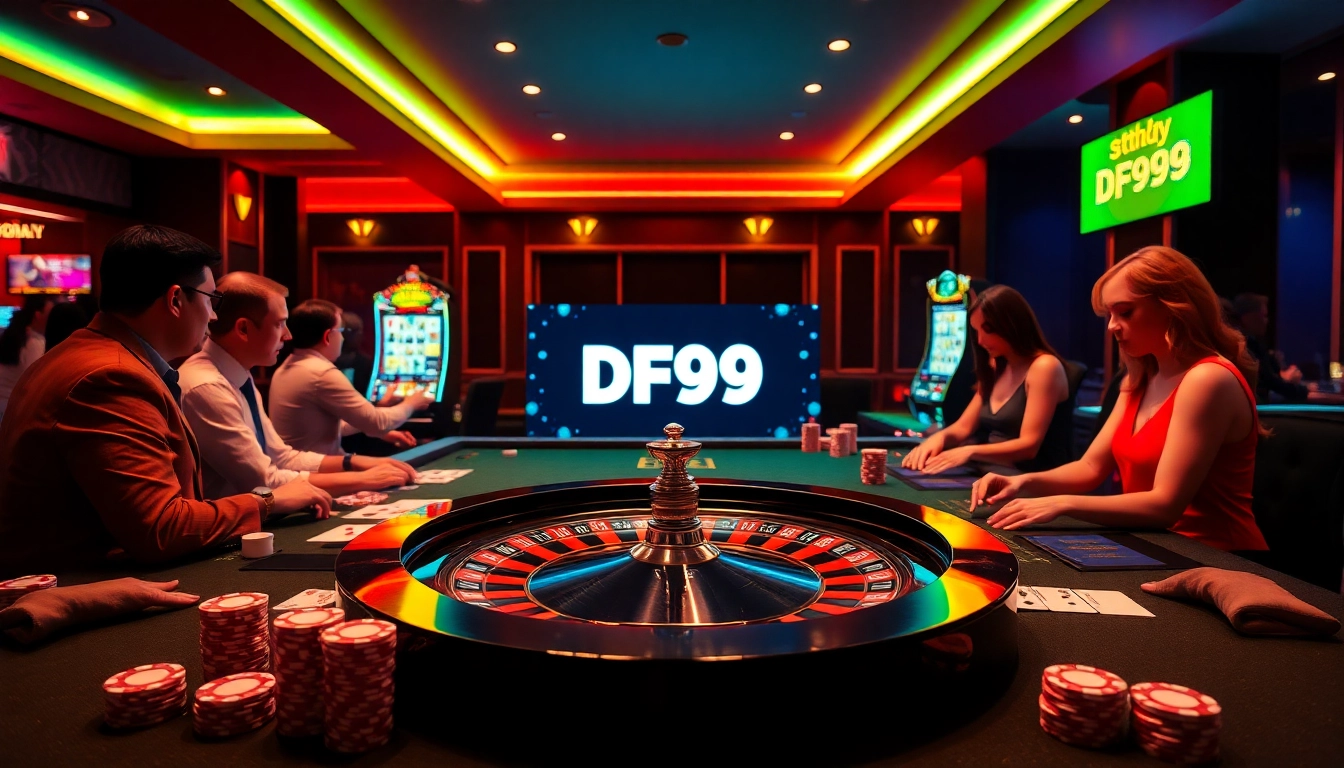 Excited players placing bets at a vibrant casino roulette table featuring DF99 branding.
