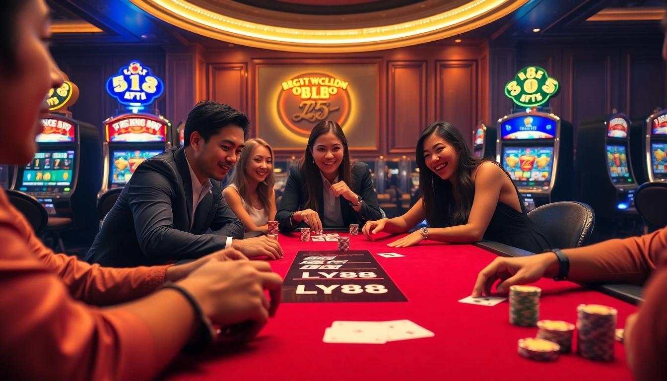Players experiencing excitement at a FLY88 casino table surrounded by vibrant poker chips and cards.