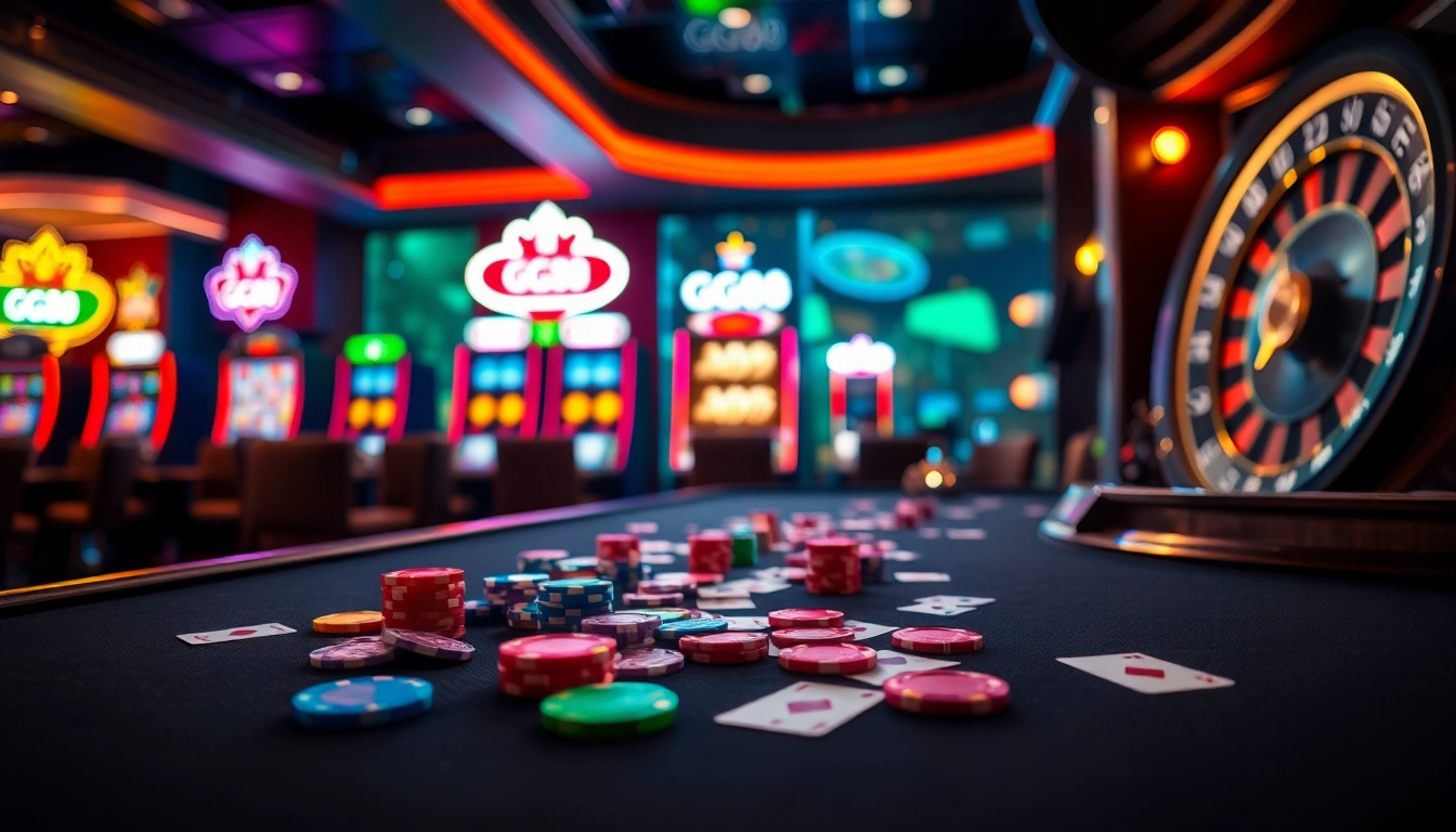 Experience the thrill of gaming at GG88 with vibrant poker chips and slot machines.