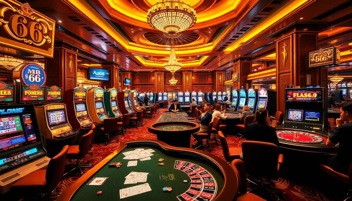 Exciting scene of luxury casino gaming with players enjoying MB 66 poker tables and vibrant slots.