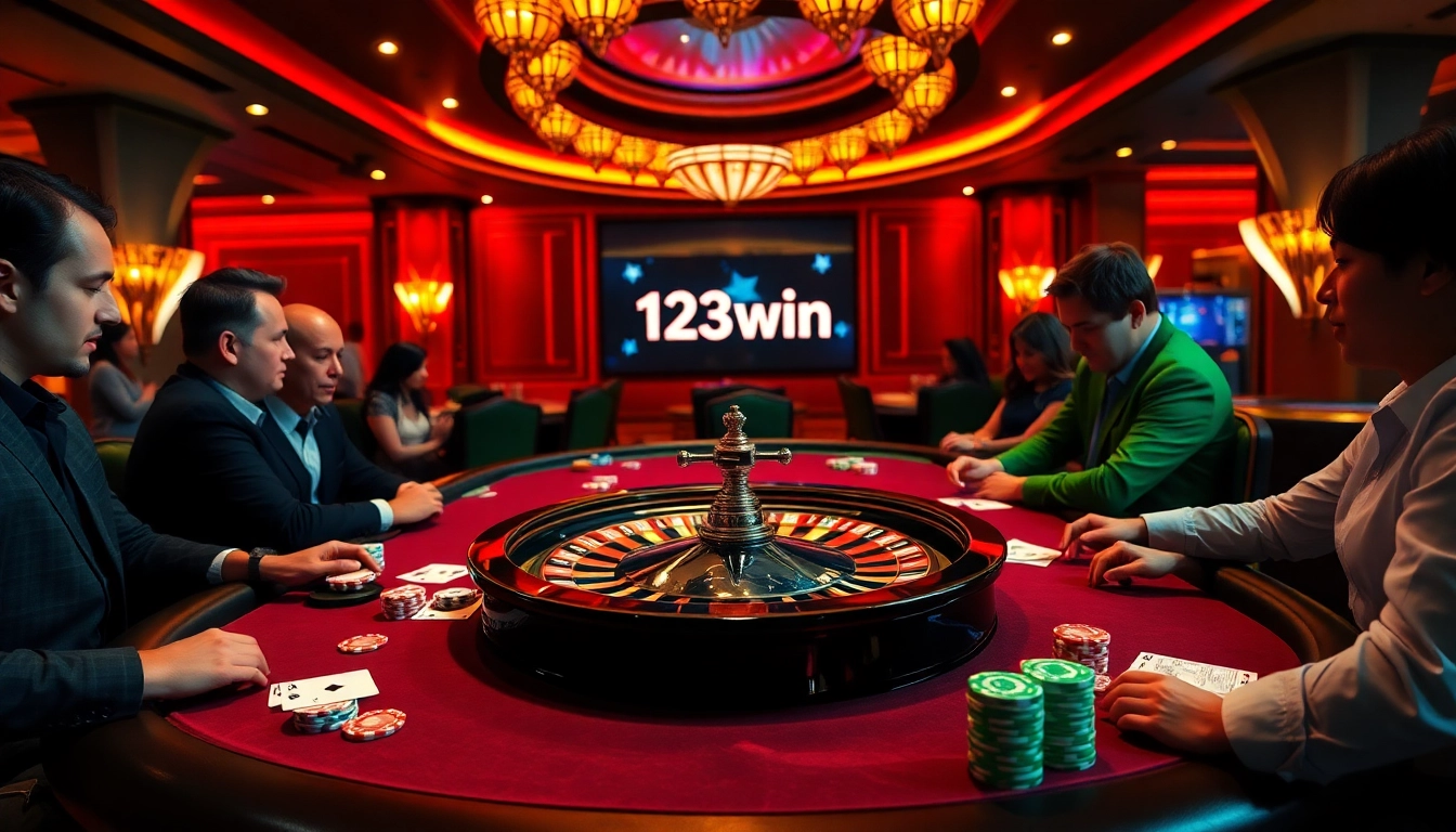 Exciting scene of gamblers at a poker table while showcasing the 123win online gambling experience.