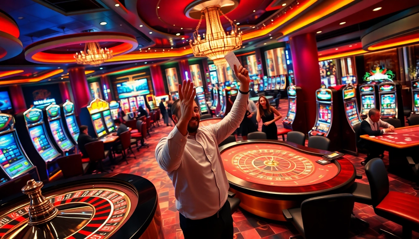 Excited players celebrate a win at TK88 casino with vibrant gaming tables and slot machines.