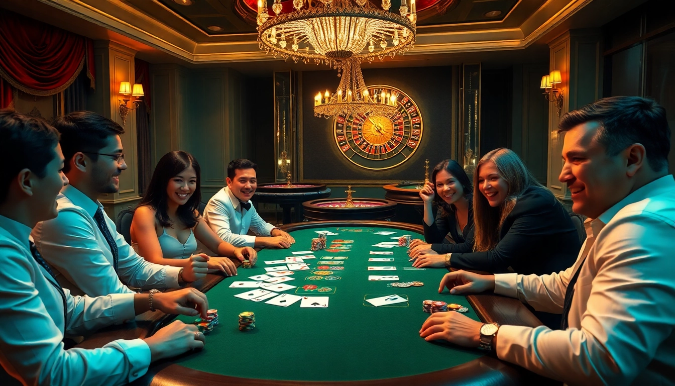Players enjoying a thrilling poker game at THA BET casino, surrounded by vibrant atmosphere.
