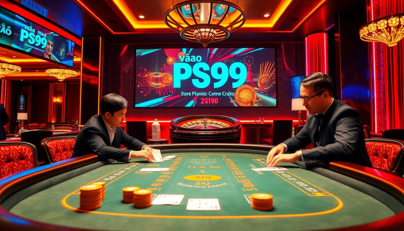 Experience the thrill of betting at PS99, with players and cards at a luxurious casino table.
