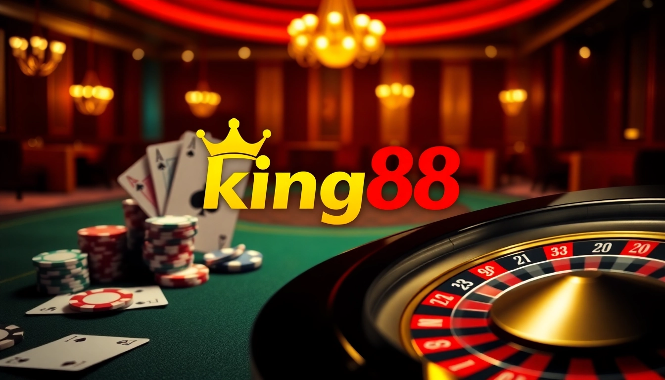 Experience thrill and luxury with king88 in a vibrant casino scene showcasing poker chips and cards.