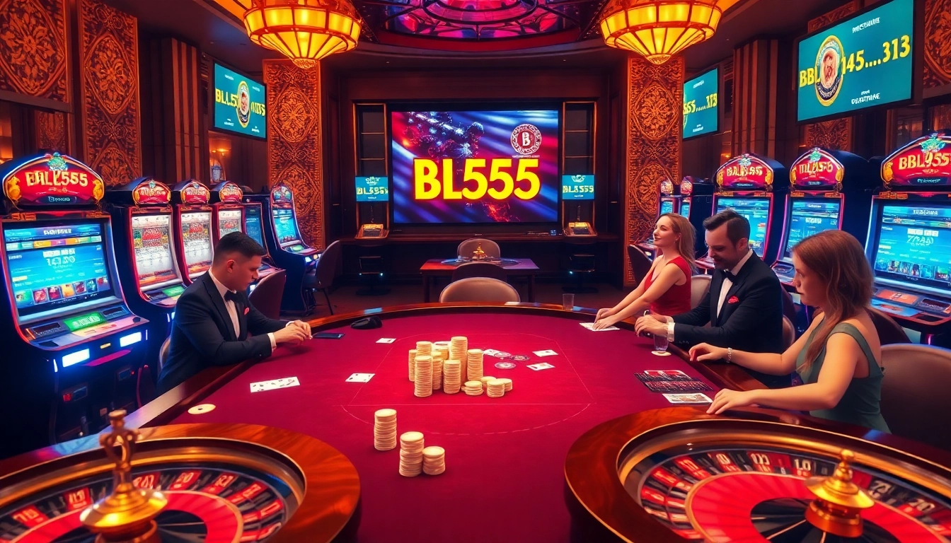 Players enjoying a thrilling game at the BL555-themed casino table with vibrant betting chips.