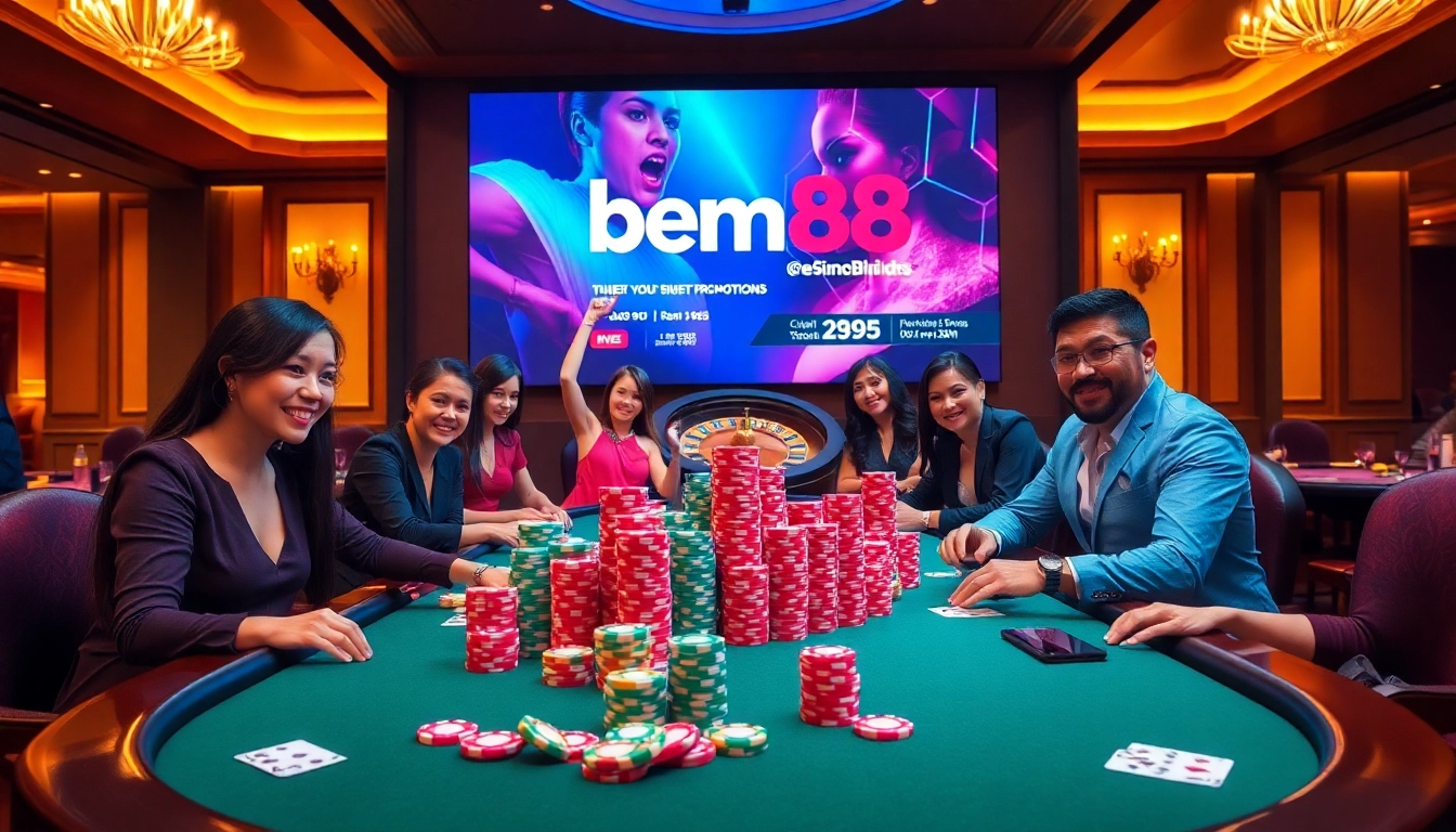 Experience the excitement at bem88 with vibrant poker tables and engaging casino elements.