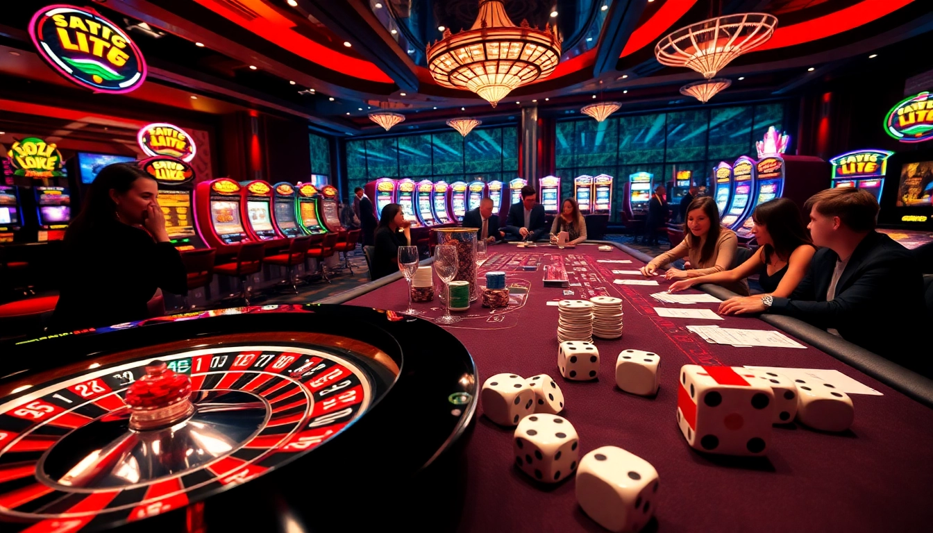 Người chơi phấn khích tham gia tại bàn casino, làm nổi bật các chips poker và bánh xe roulette của https://luck8.com.