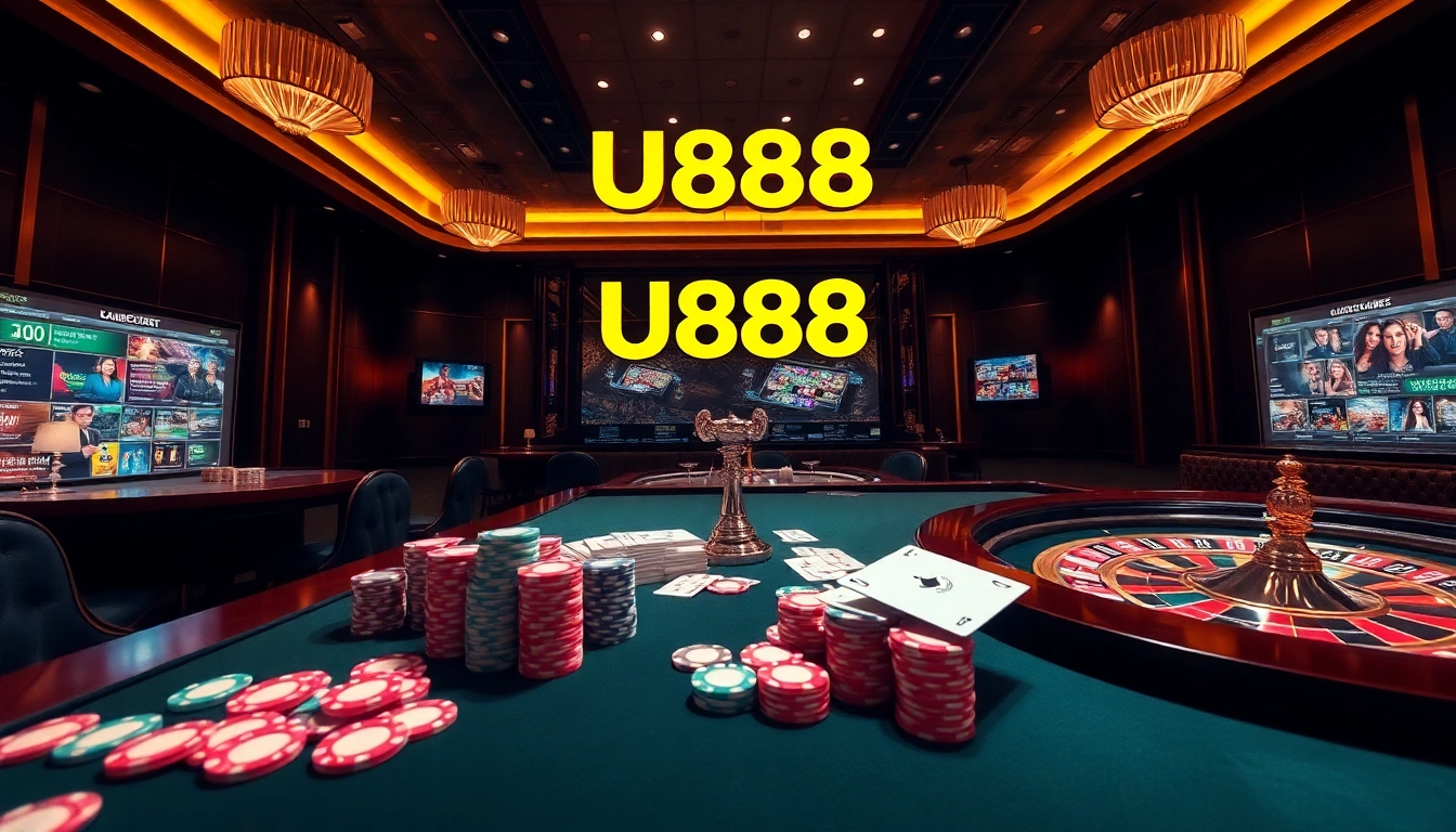 Players enjoying a thrilling session at U888 online casino with vibrant poker chips and a roulette wheel.