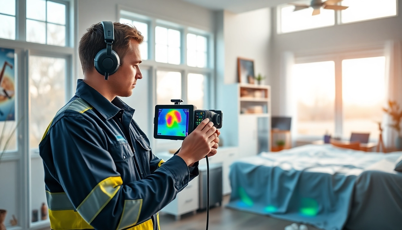 Water leak detection technician using advanced thermal imaging camera in a modern home.