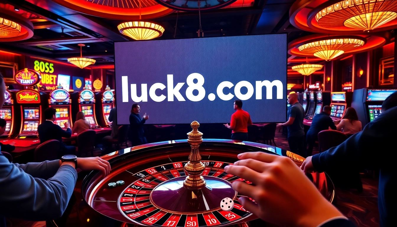 Experience thrilling gameplay at luck8 com with a dramatic casino scene featuring roulette and slot machines.