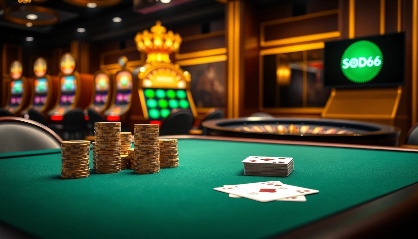 SODO66 poker table with stacked chips and cards in a luxurious casino setting.