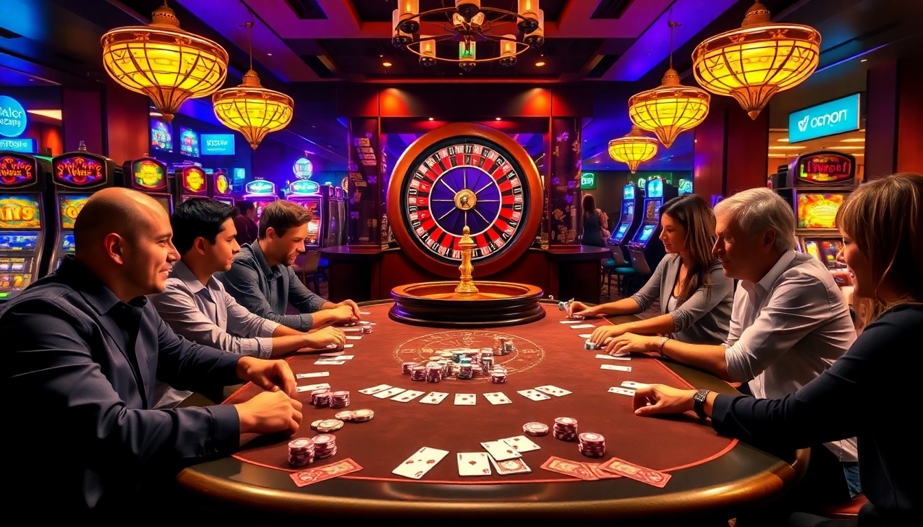 Excited players ready to đăng nhập 789F at a luxurious casino table with poker chips.