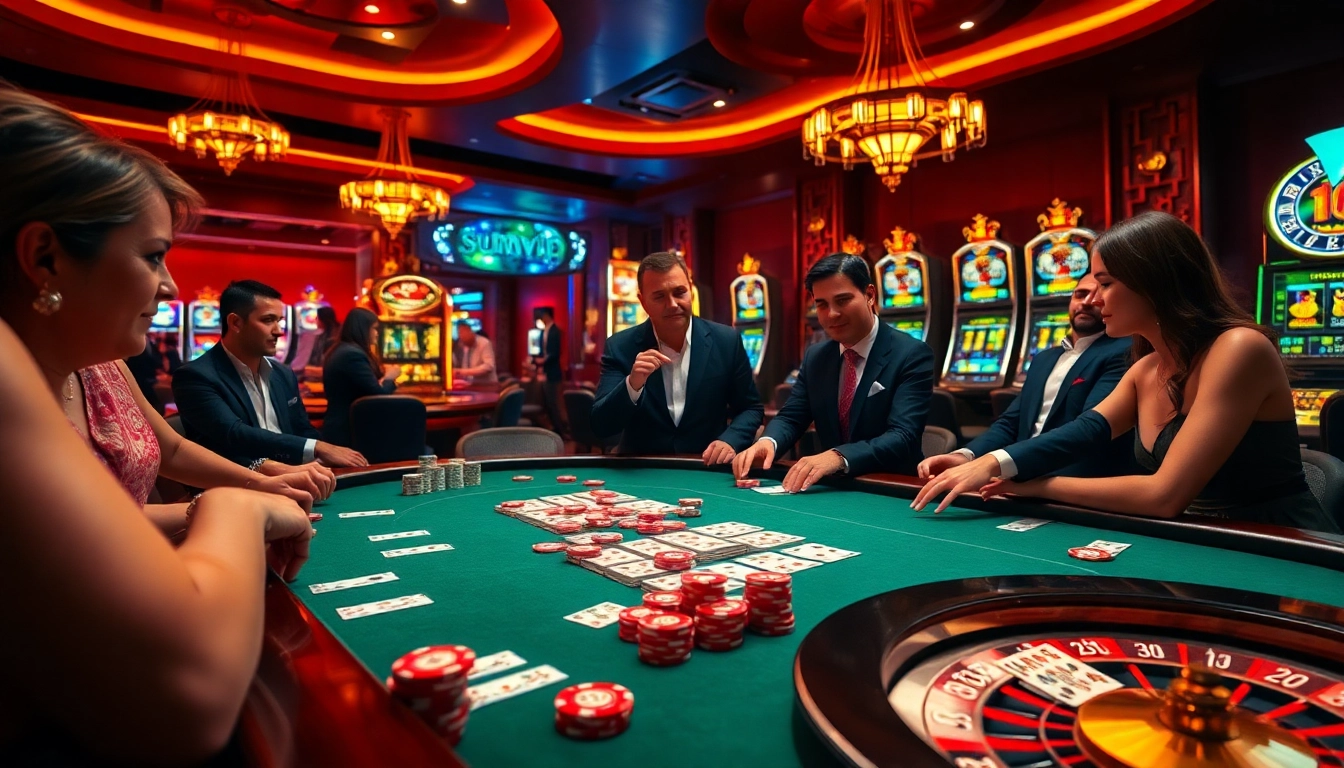 Players celebrating a big win at Sumvip casino with vibrant gaming tables and colorful chips.