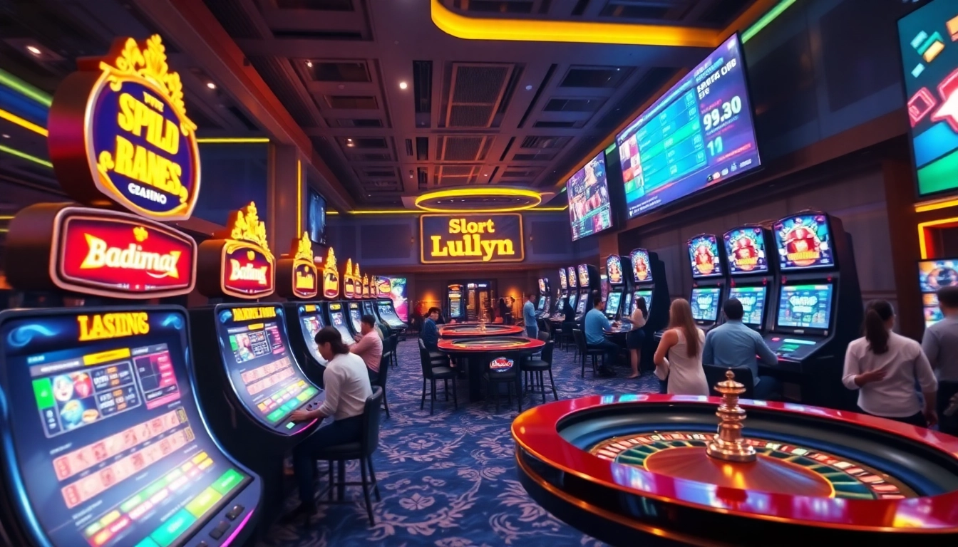 Exciting casino atmosphere at luck8win.live featuring digital slot machines and sports betting screens.