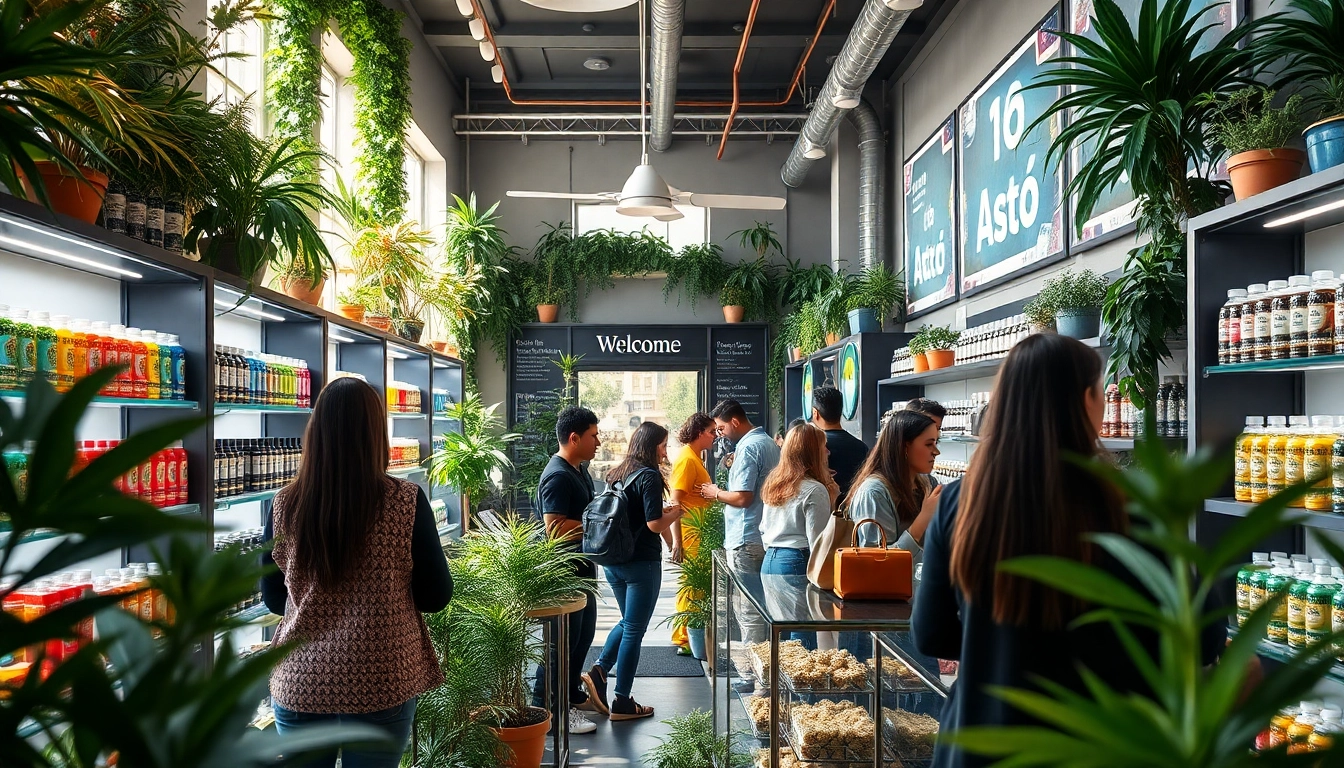 Découvrez des promotions Weedmaps Madrid dans un dispensaire animé avec des clients satisfaits.