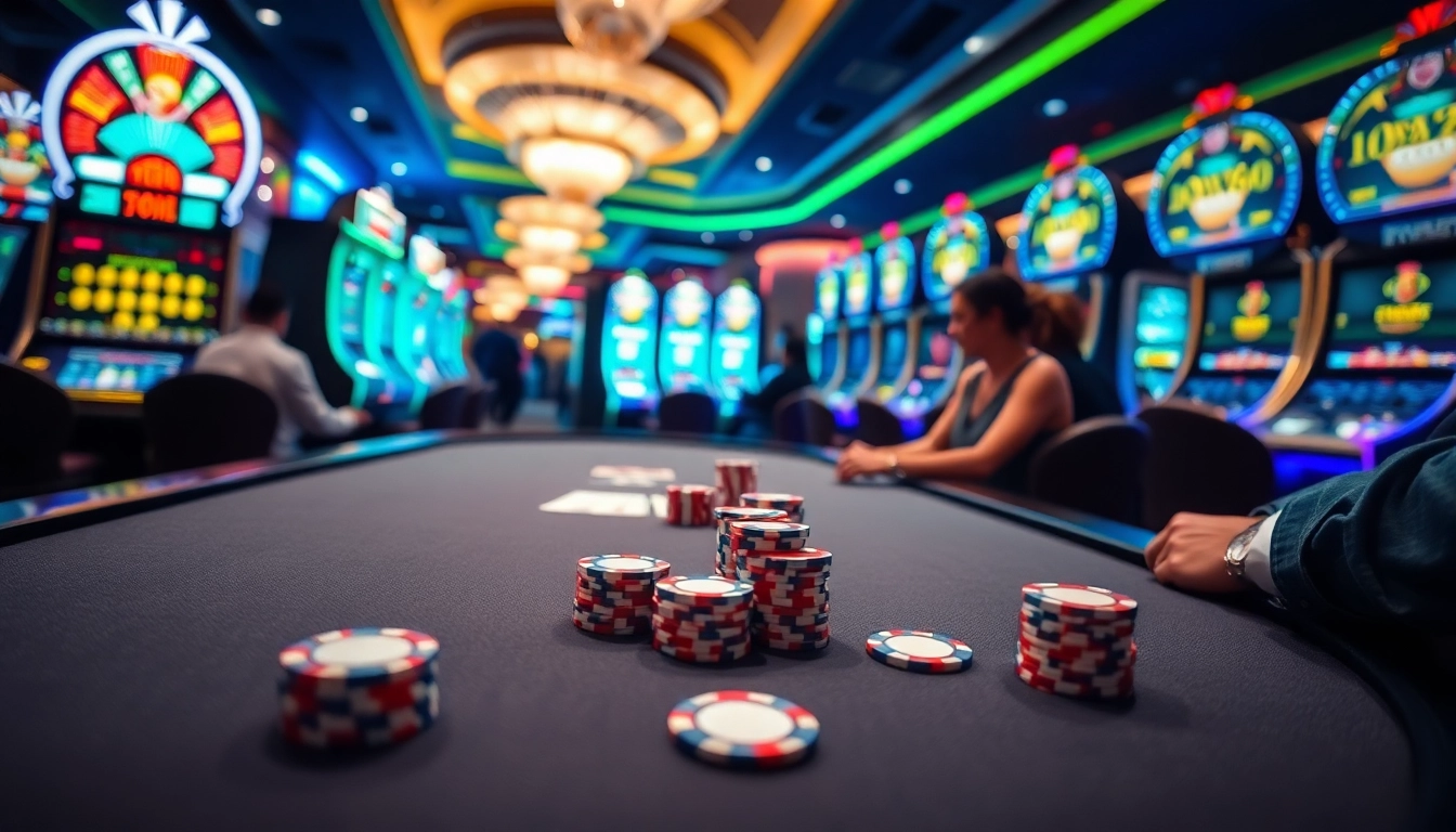 Engaging casino scene showcasing 789f.mba with vibrant slot machines and poker tables.