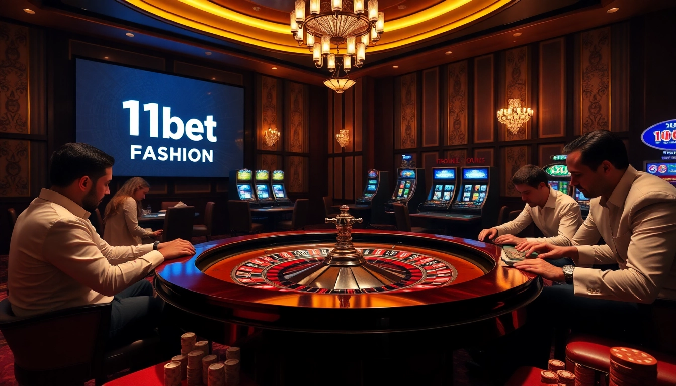 High-stakes casino scene showcasing players betting at 11bet.fashion with glamorous roulette and poker elements.