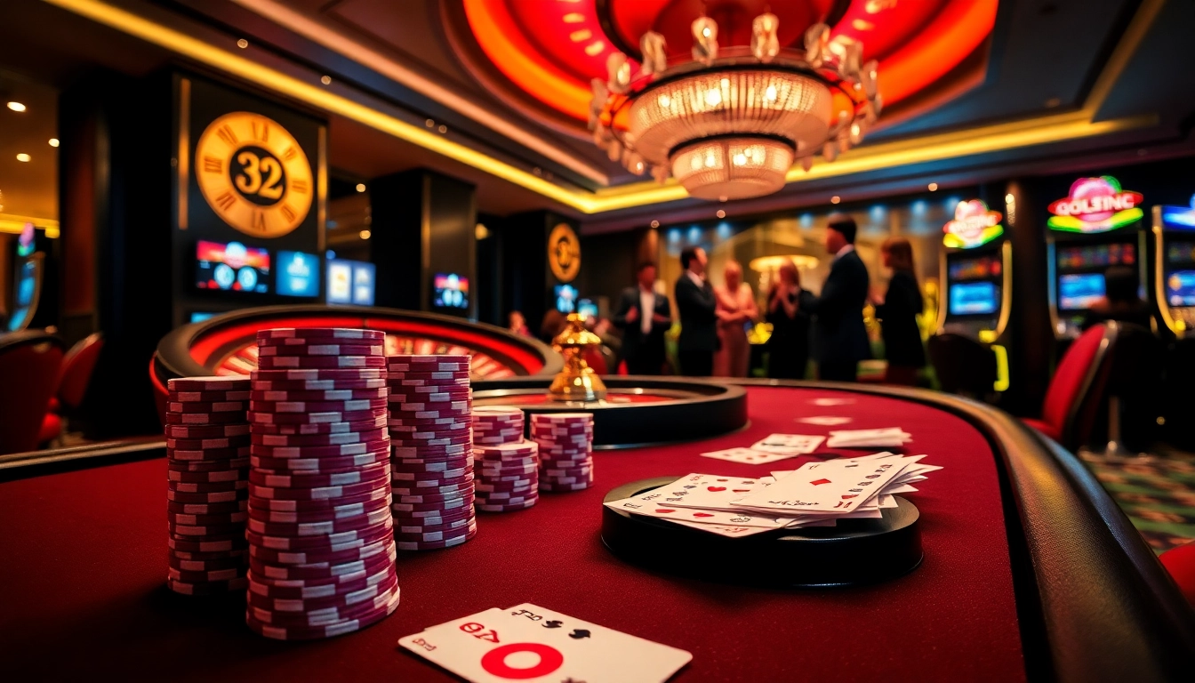 Vibrant casino gaming at 32Win with poker chips and cards creating a thrilling atmosphere.