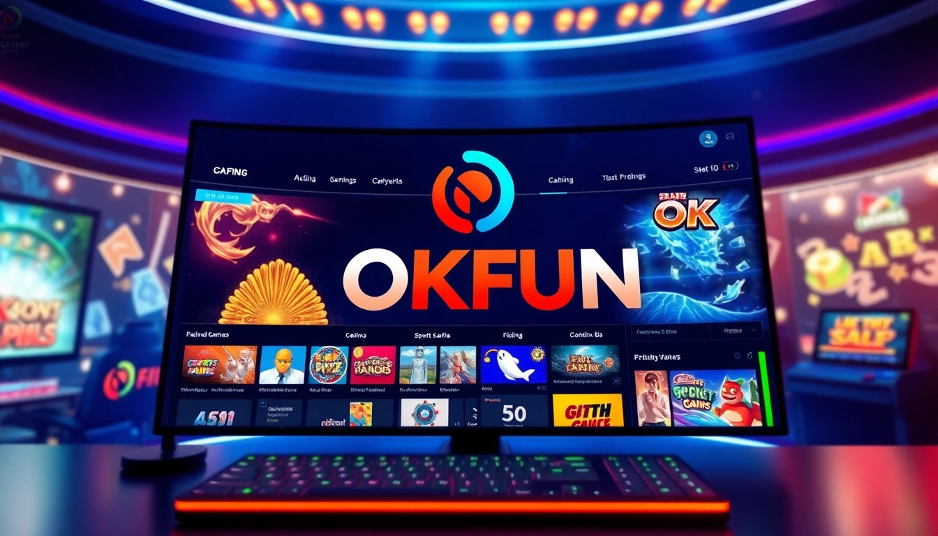 Vibrant online gaming interface showcasing Trang Chủ OKFUN's diverse gaming options and logo.