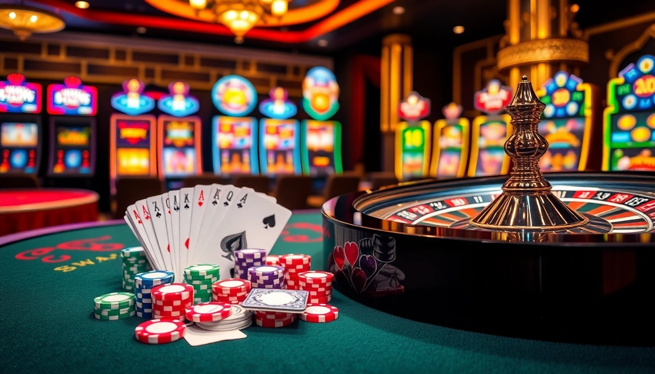 Experience the thrill of gambling at https://rr88.navy/ with a vibrant casino scene showcasing roulette and poker.