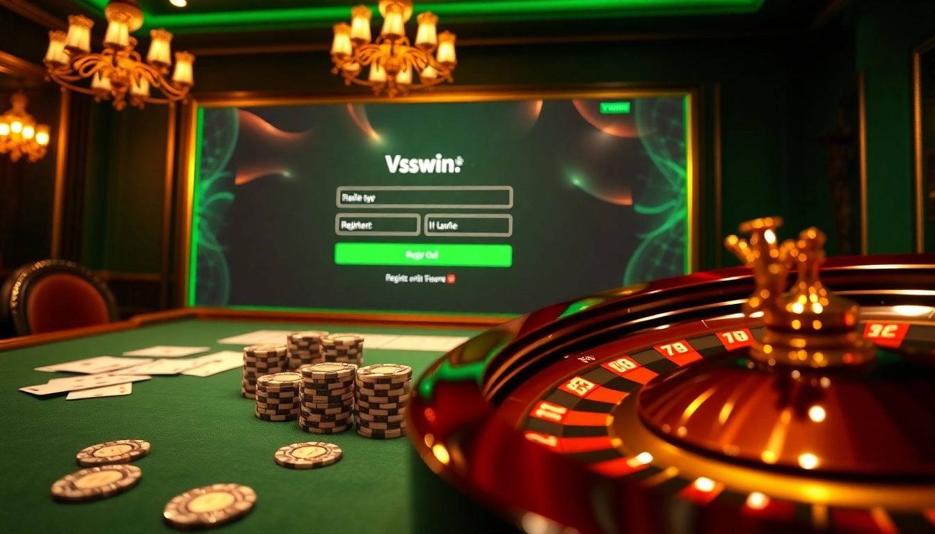 Engage in the thrilling đăng ký vswin registration with vibrant casino elements like poker chips and playing cards.