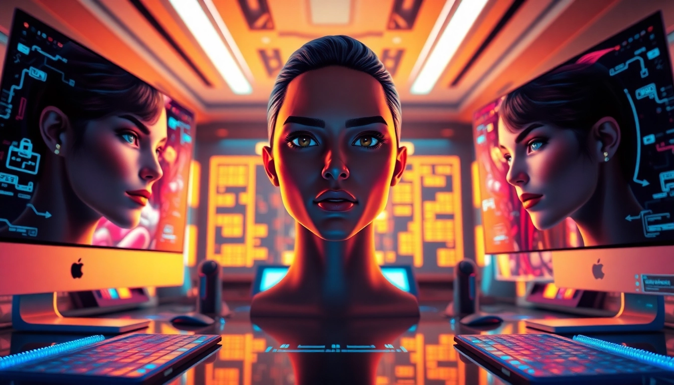 AI NSFW generator showcasing realistic digital characters in a futuristic setting.