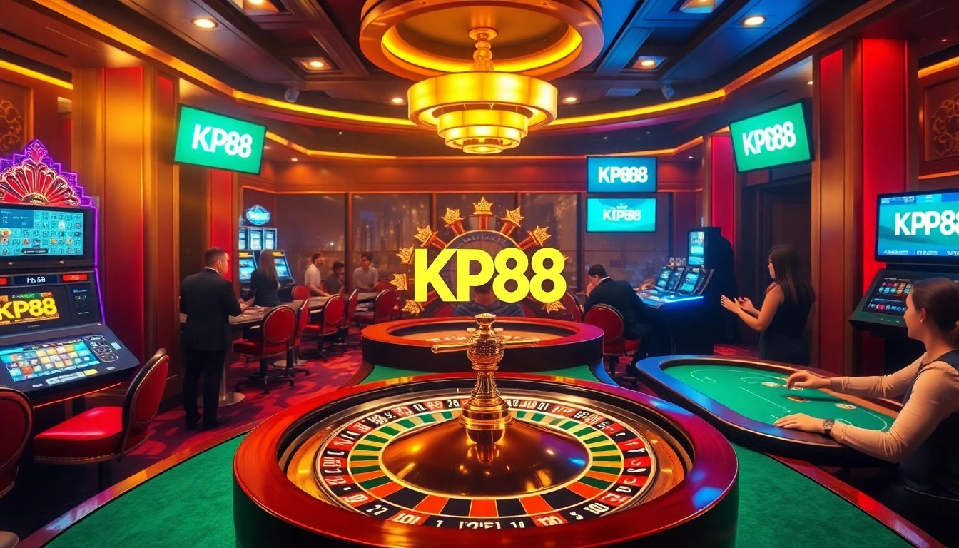 Experience the thrill of KP88 com: A vibrant online casino scene with roulette and slot machines.