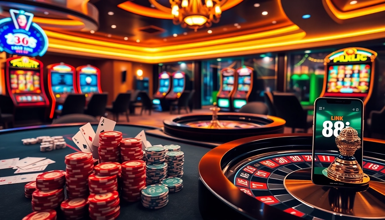Experience the excitement of online gambling with link 88i showcased in a luxurious casino setting.