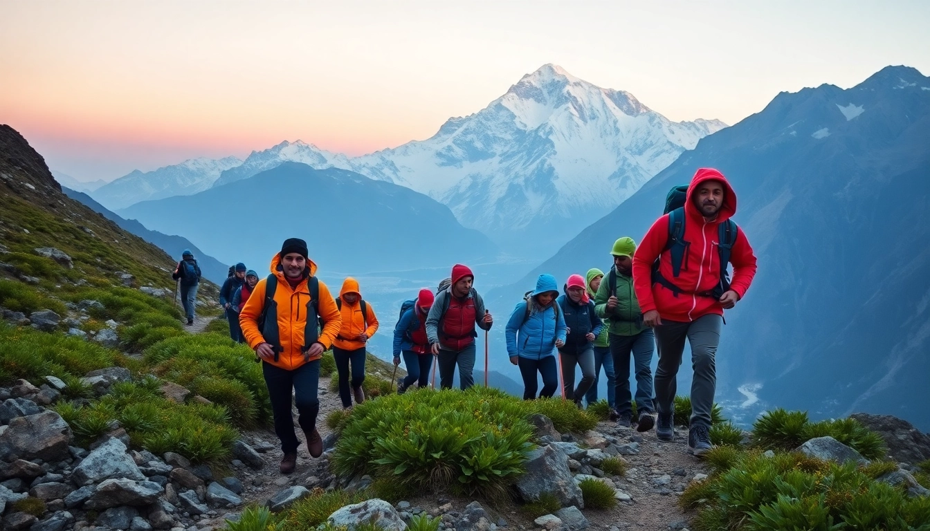 Mount Everest Base Camp trek scene with trekkers, stunning sunrise, and majestic mountains.