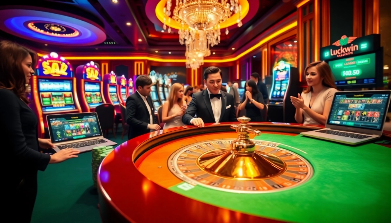 Experience the excitement of gambling at trang chu luckywin with a vibrant casino scene filled with players.