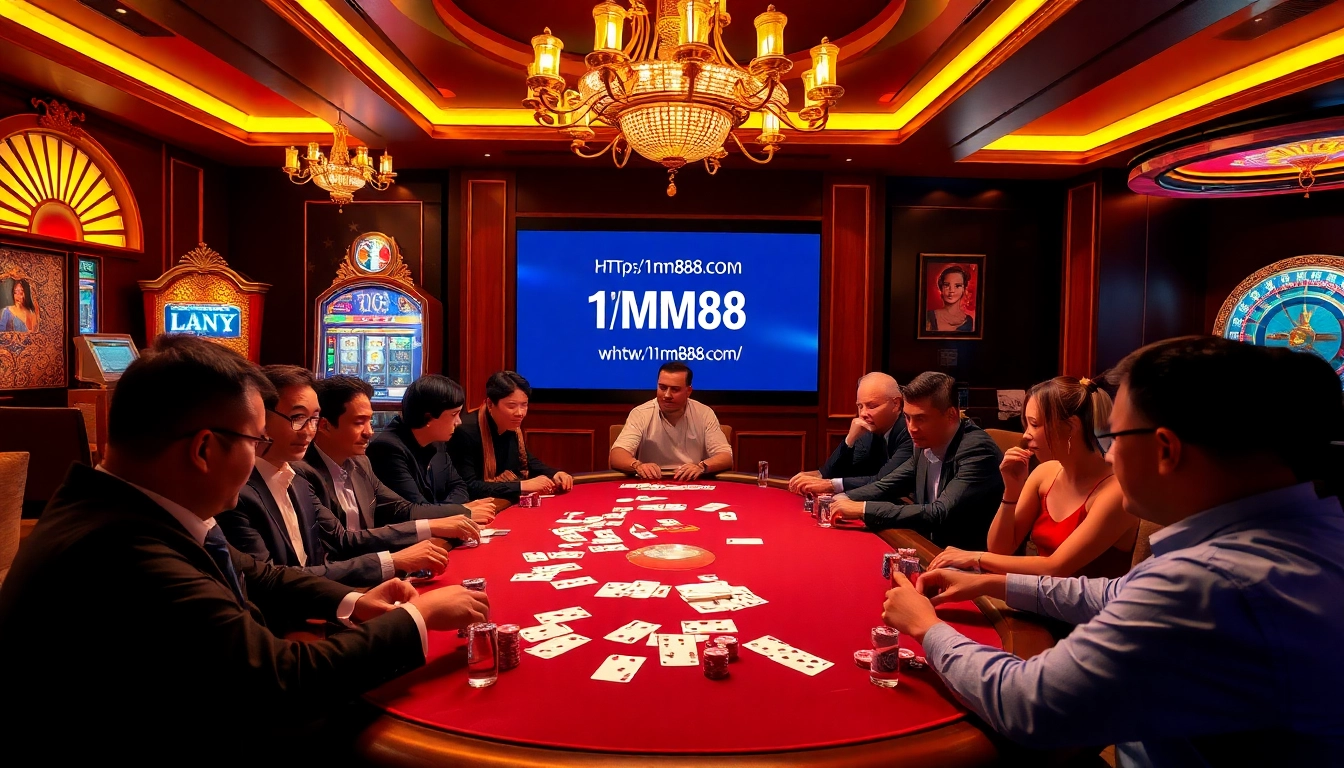 Experience thrilling poker action at https://1mm888.com/ with vibrant matches, colorful chips, and elegant decor.