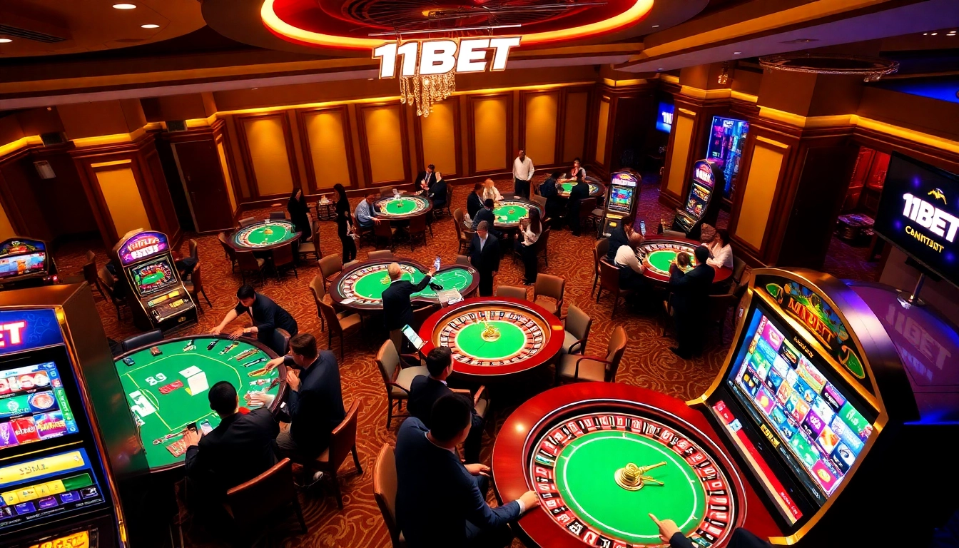 Players enjoying a thrilling game at 11BET casino tables with vibrant energy and professional ambiance.
